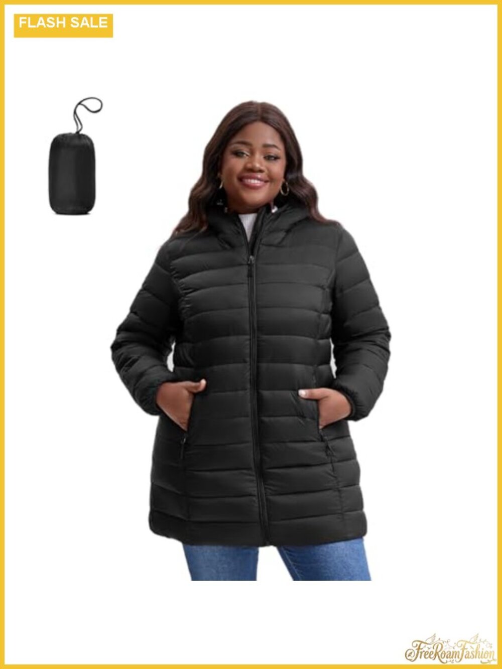 Women's Plus Size Water-Resistant Puffer Jacket Mid-Length Packable Winter Coat